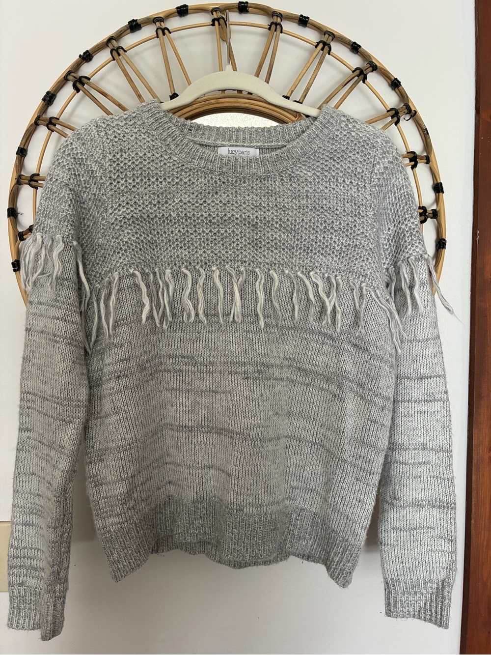 Lucy Paris Light Gray Fringe Crew Neck Sweater